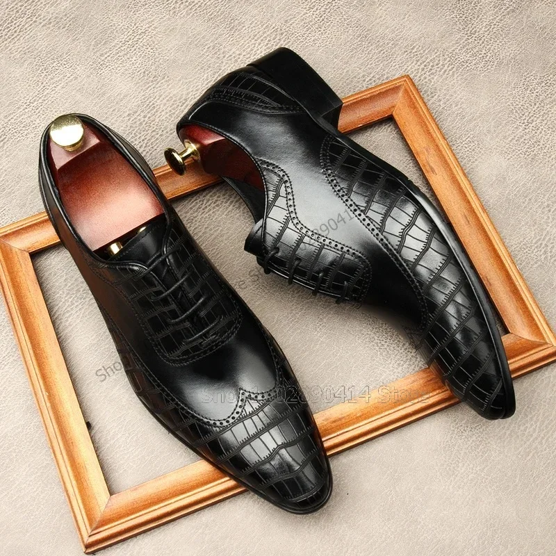

Black Geometric Print Carving Design Men Derby Shoes Fashion Lace Up Male Shoes Luxurious Handmade Party Office Men Dress Shoes