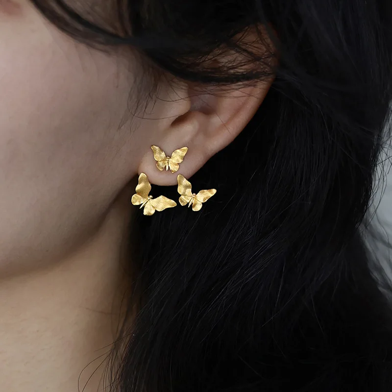 Delicate Tri Butterfly Dancing 925 Silver Post Front-back Statement Earrings Women Golden Silver Color Dainty Fashion Accessory