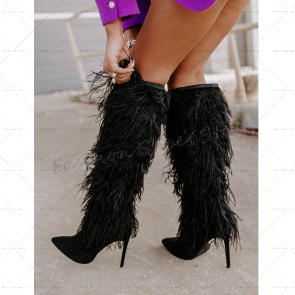 Roxo lado zíper pena decoração botas dedo do pé apontado sapatos femininos stilettos salto alto festa banquete namoro 2025 zapatos para mujere