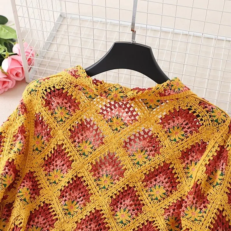 L38E Women Half Sleeve Dress Hollow Out Croceht Knit Diamond Beachwear Cover Up
