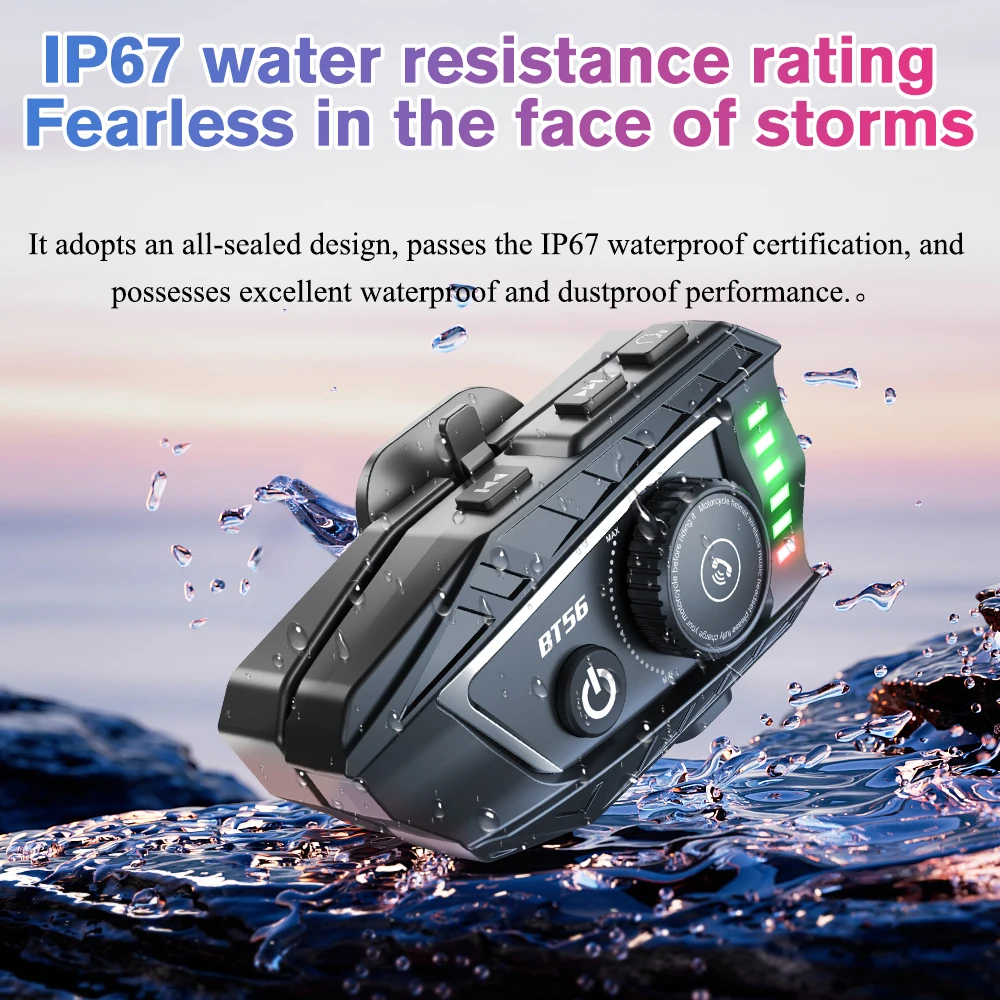BT56 Motorcycle Helmet Bluetooth Headset BT5.4 Handsfree Call Wireless Noise Reduction Waterproof Headphone with RGB Light