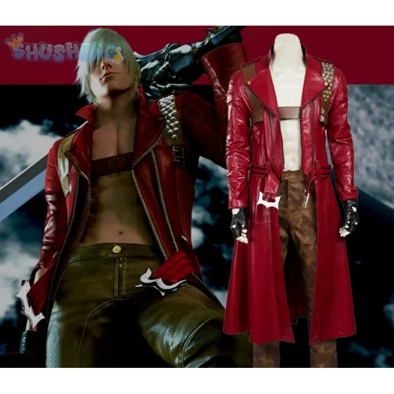 Game DMC 3 Dante Cosplay Costume Coat, gloves, waist bag, belt, Halloween party night red leather suitable uniform Dante Man set