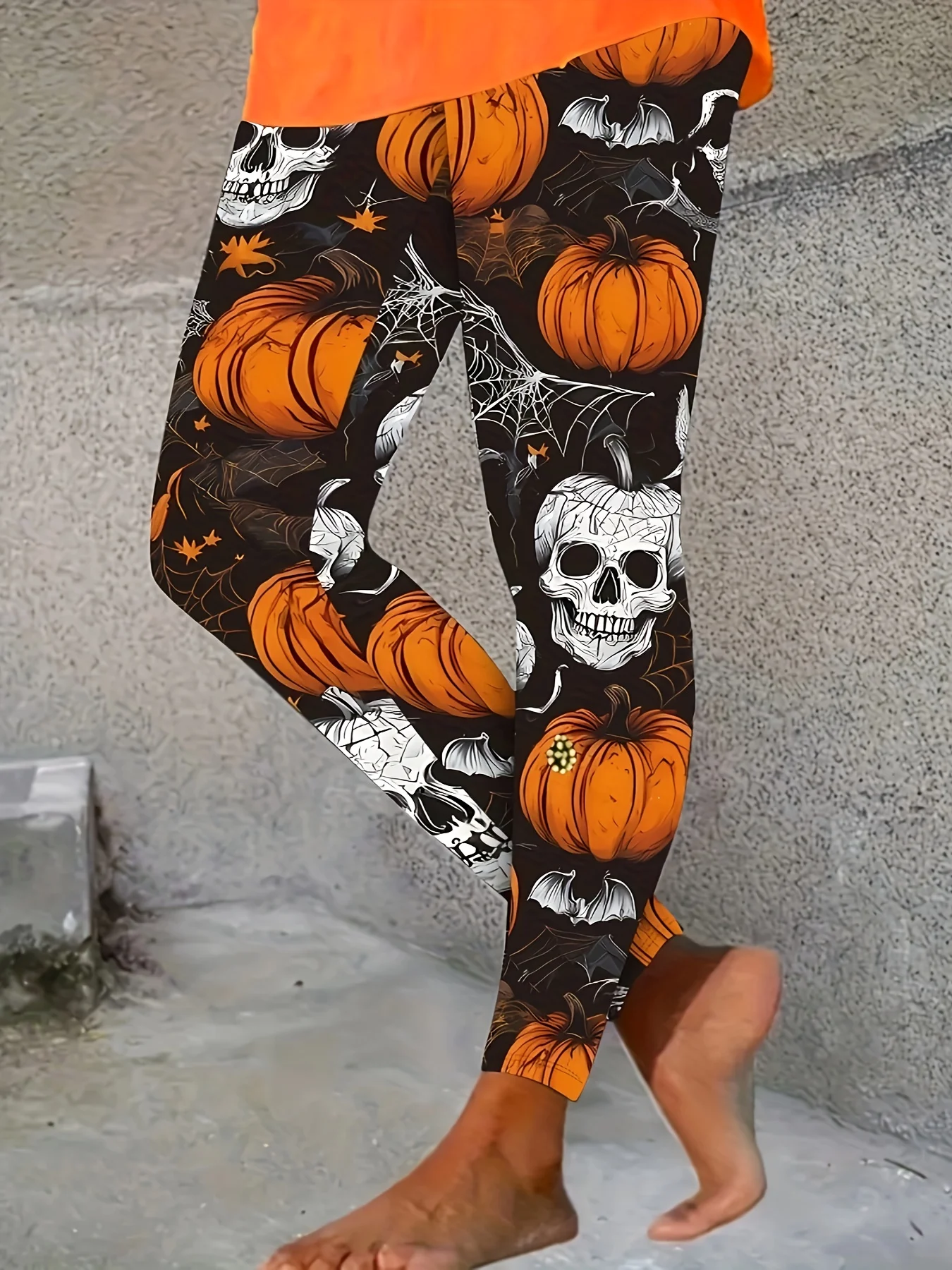 Women Mid‑Rise Fleece Lined Leggings Halloween Skull Pumpkin Print Warm Elastic Party Long Pants