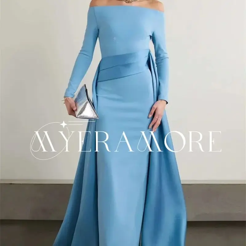 Elegant Satin A-Line Evening Dresses Off The Shoulder Long Sleeve Sweep Train Pleats Prom Gowns Customized فساتين سهرة