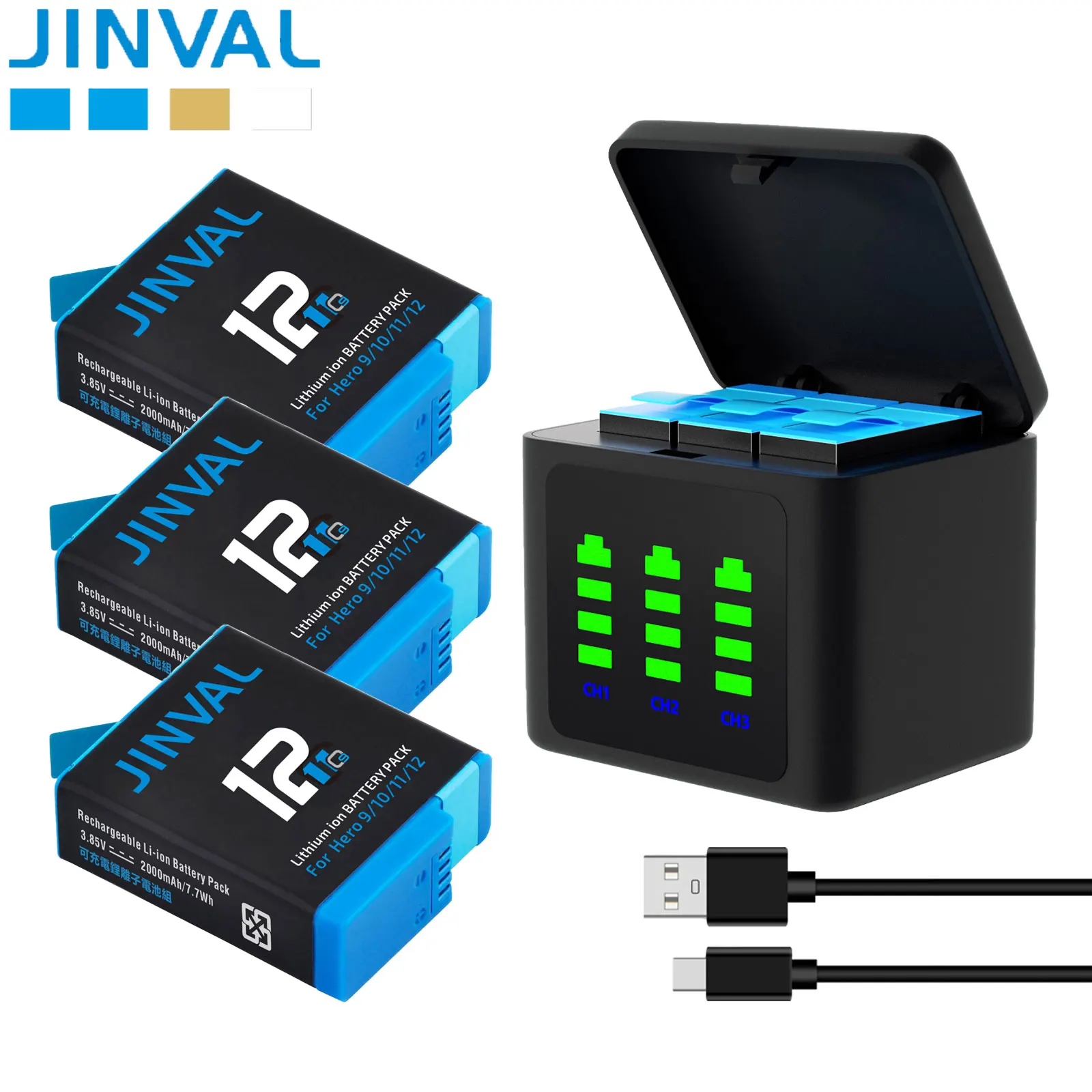 JINVAL 2000mAh Battery For GoPro Hero 12 11 10 9 Action Camera Batteries + Fast Triple Charger For Go Pro Hero 12 Accessories