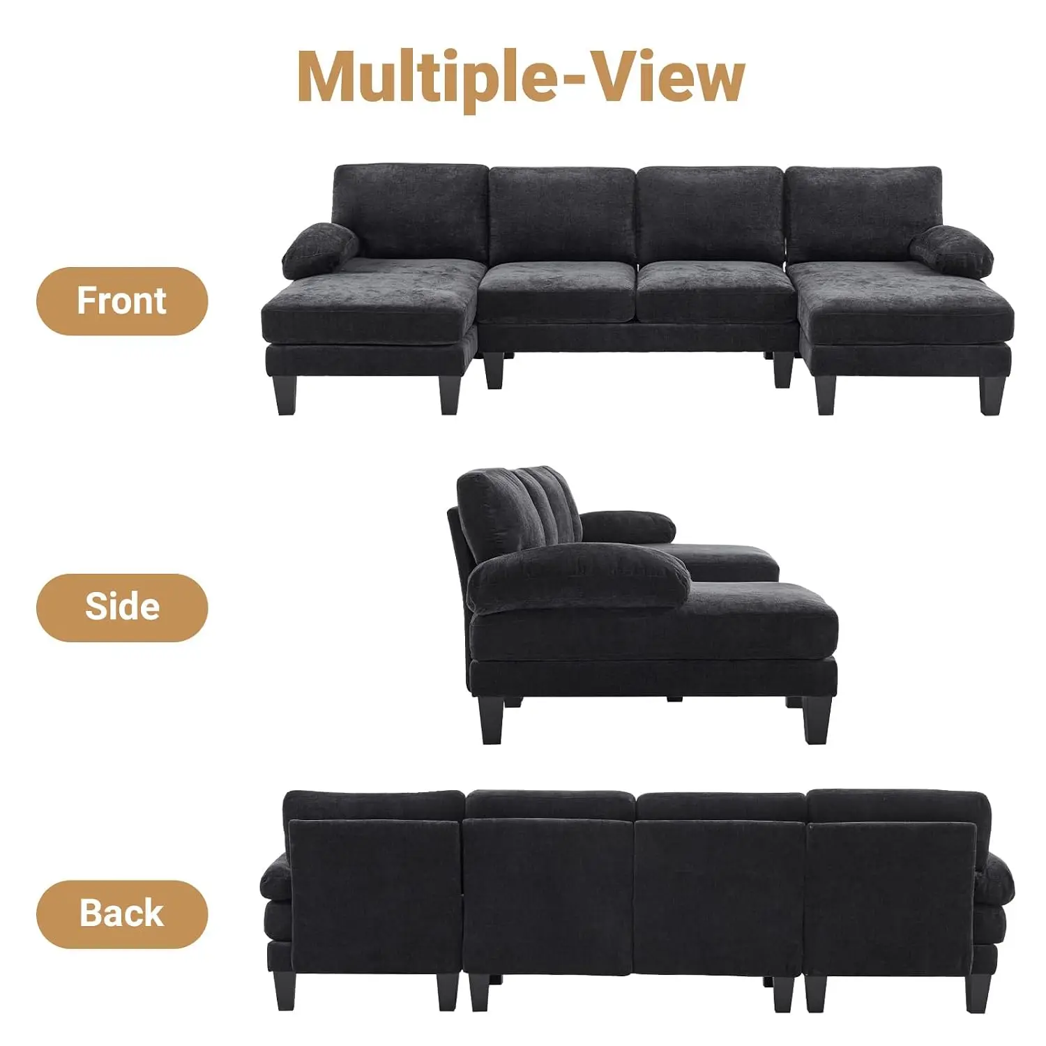 U Shaped Sectional Sofa with Double Chaise, 4-Seat Chenille Fabric Living Room Furniture, Black, Customized