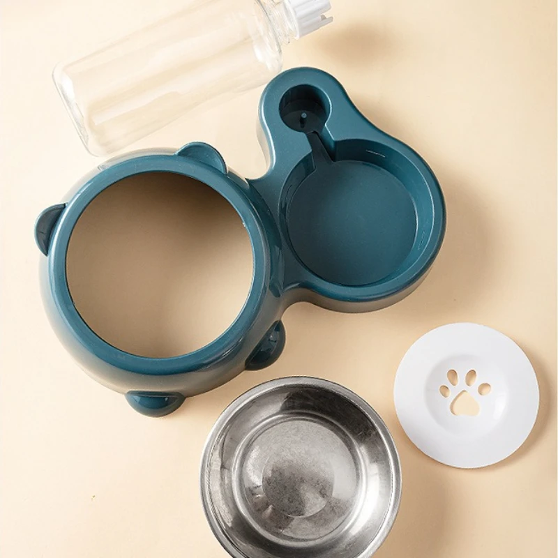 وحدة تغذية ومياه أوتوماتيكية للحيوانات الأليفة، نظام تغذية متكامل للقطط والكلاب، لا حاجة إلى بطارية أو طاقة، فم مائل