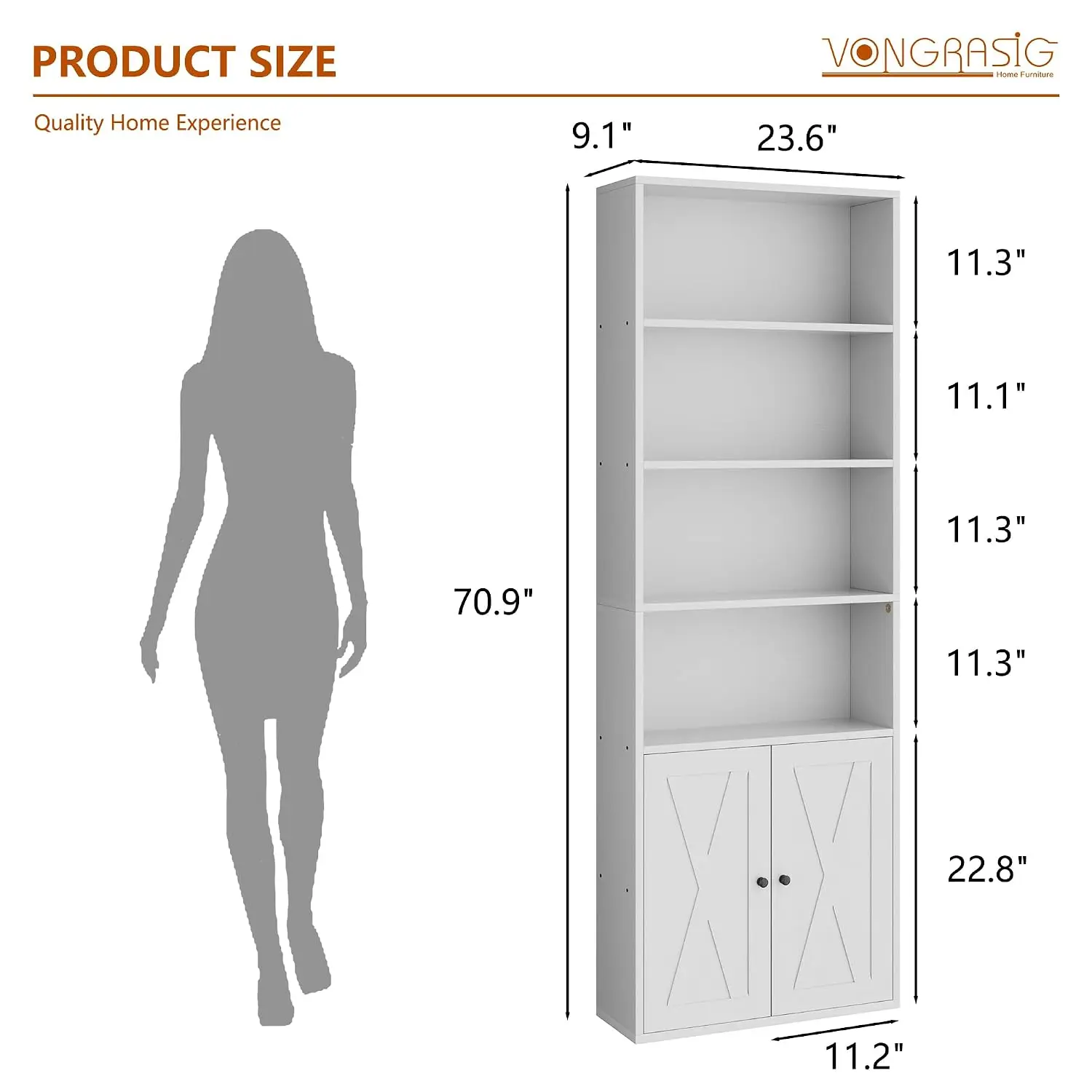 6-Tier Bookcase With Doors, Farmhouse Display Storage Shelf 71 Inch Wood Bookcase For Home Office Living Room, Customized