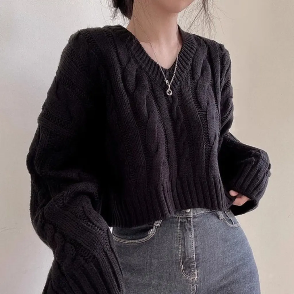 

Women's Chic Vintage Twist V-neck Pullover Long-sleeved Sweater Loose Lazy Style Knitted Top for Autumn And Winter