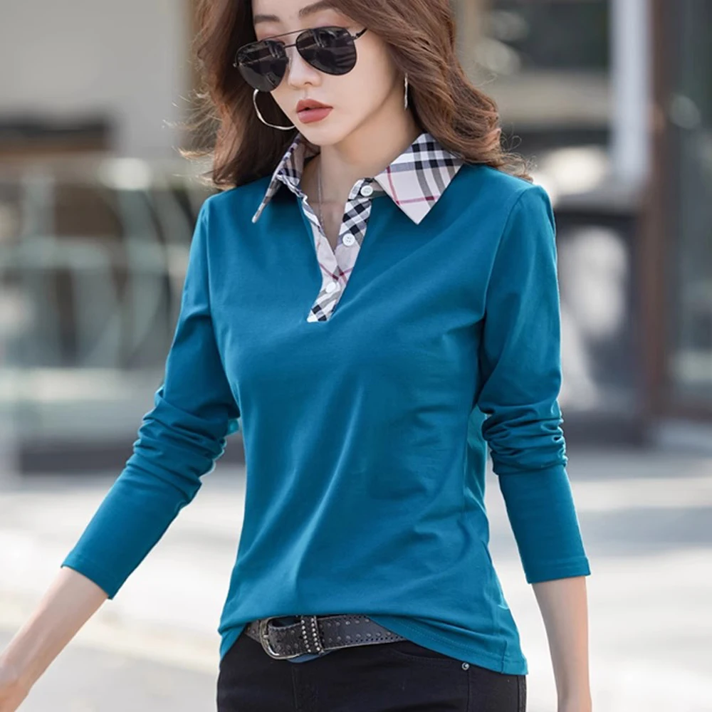 European Station Long sleeved T-shirt Women\'s Spring/Summer New High end Fashion British Polo Collar Plaid Casual Large Top