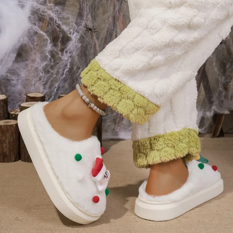 Zapatillas navideñas de invierno, zapatilla de piel de Papá Noel, cojín de felpa suave y cálido, toboganes para dormitorio, zapatillas de algodón para el hogar para hombre y mujer