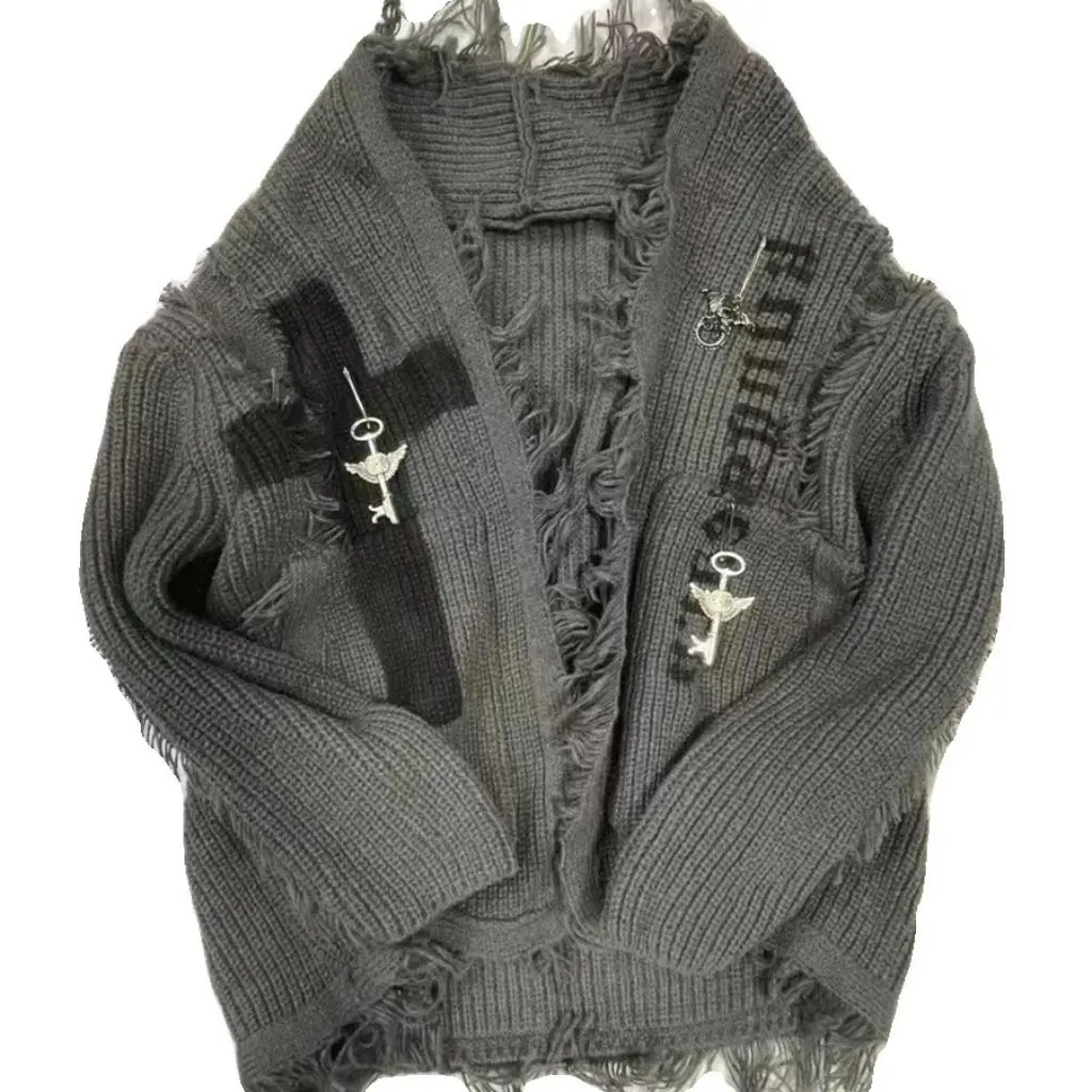 

Diablo Subculture Мужской и женский потертый кардиган в стиле ретро, свитер в стиле панк, рваная вязаная куртка средней длины с отверстиями