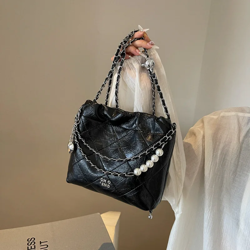 WBS 2024 New Fashion High Quality Drawstring Ruffle Bucket Bags French Style Chain Shoulder Messenger Bag Luxury Brand Handbags