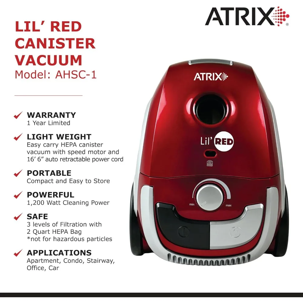 AHSC-1 Atrix Lil Red Canister Vacuum Portable Canister Vacuum مع فلتر HEPA سعة 2 لتر ومحرك متغير السرعة