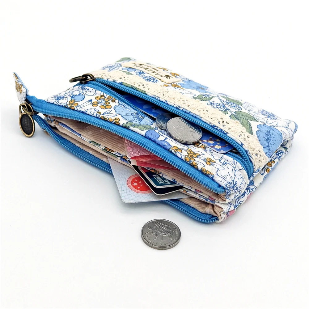 Fashion Floral Multi-layer Small Wallet Cotton Fabric Coin Purse Women Gilrs Card Holder Retro Canvas Female Change Bag Pouch