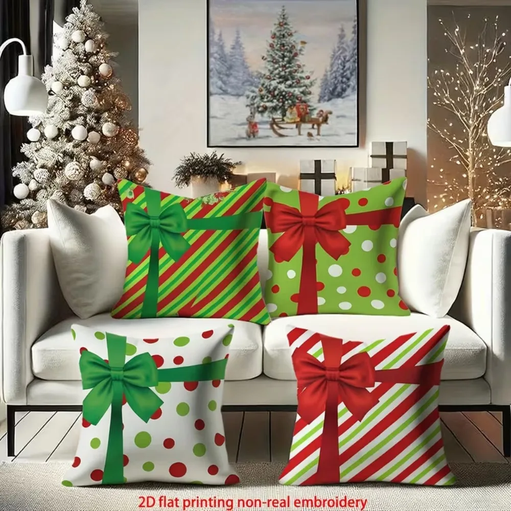 2D Printed Christmas Bow Decorative Pillow Covers, Stripe Polka Dot Xmas Cushion Case, Holiday Sofa Home Decor Pillowcase