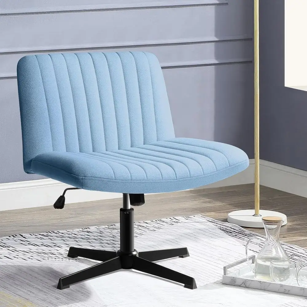 Blue Fabric Swivel Ergonomic Office Chair without Wheels, Adjustable Height and Wide Seat for Home or Work Computer Desk