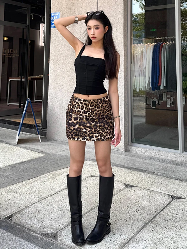 Sisjulyy2k Sweet And Spicy Retro Leopard Print High Waist Bodycon  Skirt Women's Fashion Versatile Print Short Skirt