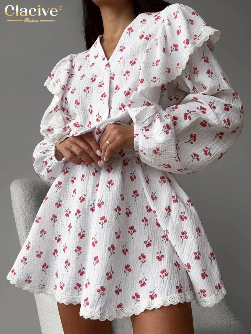 

Clacive Fashion Loose Print Cotton Woman 2 Piece Set Outfit 2025 Elegant Long Sleeve Shirt With High Waist Mini Skirt Set Female
