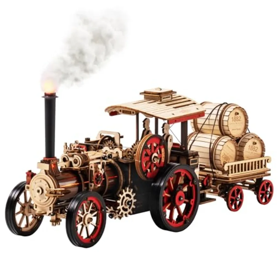 

3D Wooden Puzzles for Adults: Steam Engine Car Model Kit 1:28 Scale Mechanical Locomotive Natural Wood Color Precision Laser-Cu