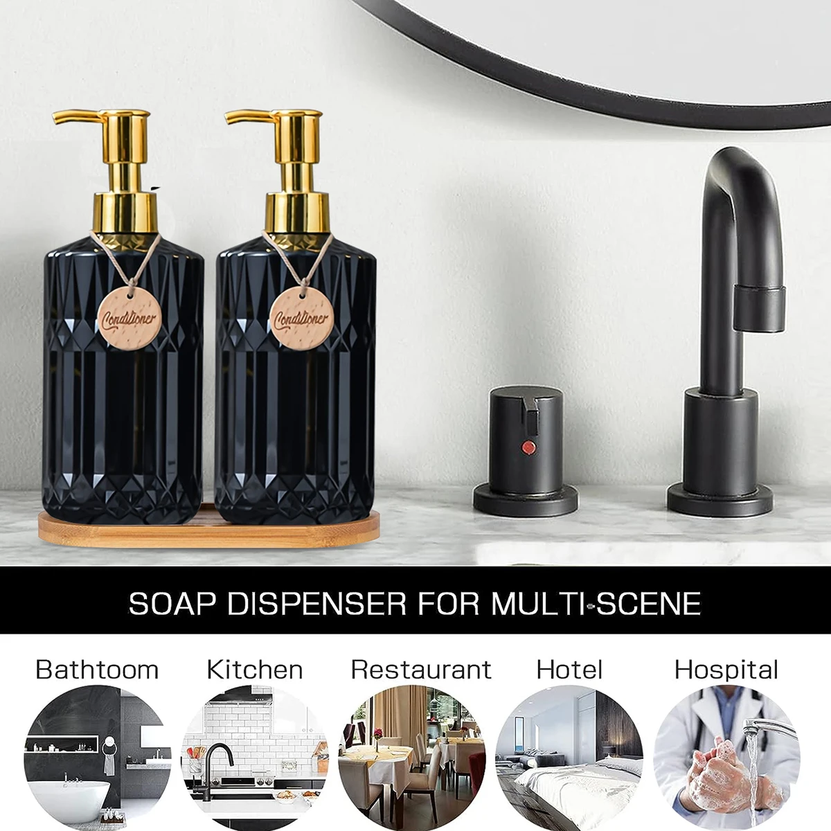 16Oz Soap Dispenser with Tags Refillable Liquid Lotion Bottle Gold Pump Shampoo Conditioner Dispenser for Kitchen or Bathroom