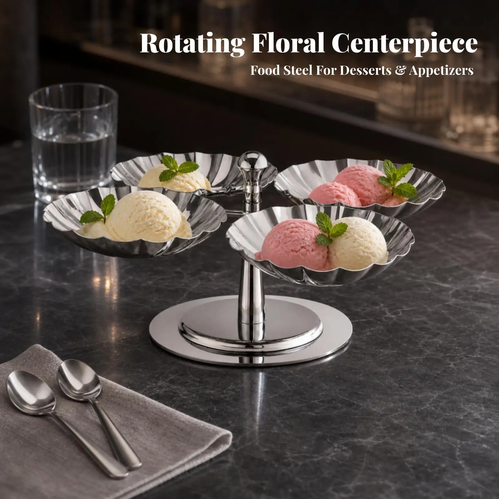 304 Stainless Steel Spinning Dessert Bowl Cake Display Stand with Cutout Rim for Afternoon Tea and Buffet Serving