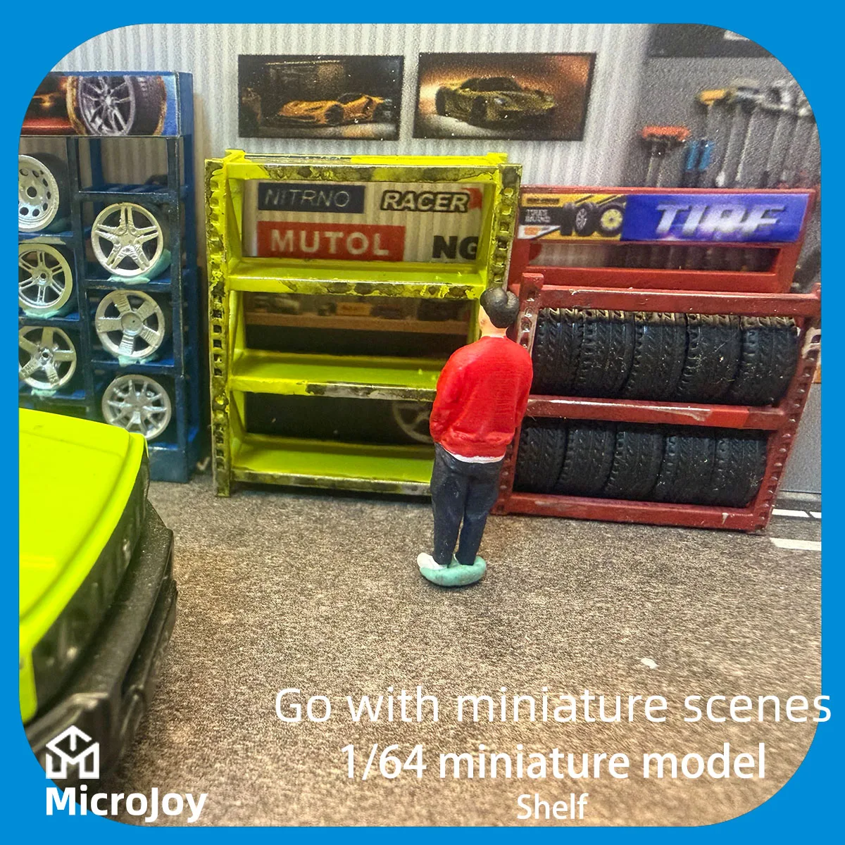 Detailed Scene: 1:64 Scale Miniature Model Repair Workshop Shelves, Mini Container Decorations, Car Model Scene with Vintage Layout