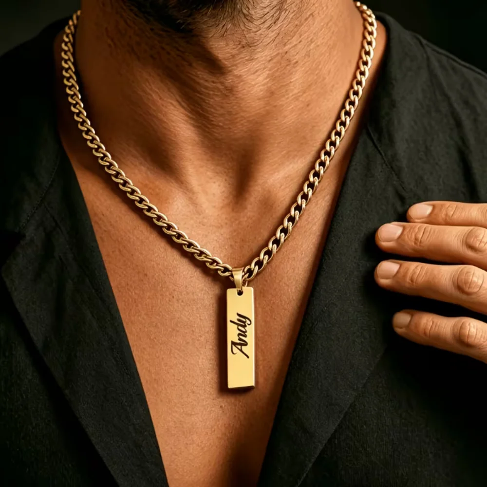Custom Engraved Name Bar Necklace for Men 18K Gold Plated Stainless Steel Thick Cuban Chain Rectangular Pendant Personalized
