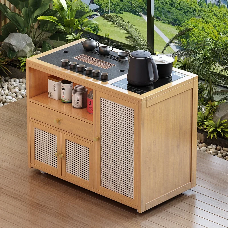 Mobile small   table Household Solid wood  cart Kettle integrated  cabinet with wheel tea edge few Kung Fu