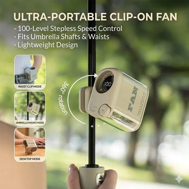 

Портативный вентилятор на пояс с клипсой, 100 скоростей, бесступенчатая регулировка, USB-зарядка, 360° ° Вращающийся вентилятор-зажим для зонта со светодиодной подсветкой