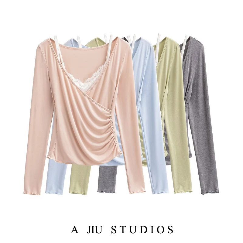 Camiseta larga azul v-ne Sve para mujer, conjunto Sexy de puro deseo de otoño, chaleco con tirantes, Top en capas, conjunto de dos piezas con adornos de encaje para ir al trabajo