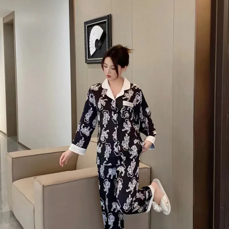 

2025 Spring Autumn Tiger Black Ice Silk Pajamas Women High-end Cardigan Long Sleeve Pants Two Piece Set Homewear Nightwear