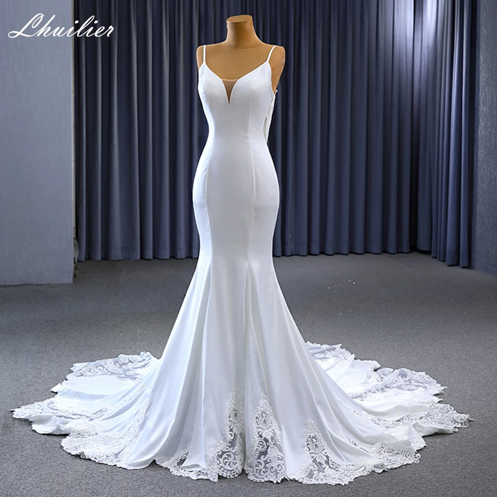 

Lhuilier Customized V Neck Mermaid Satin Wedding Dresses Sleeveless Beaded Lace Appliques Backless Bridal Gown