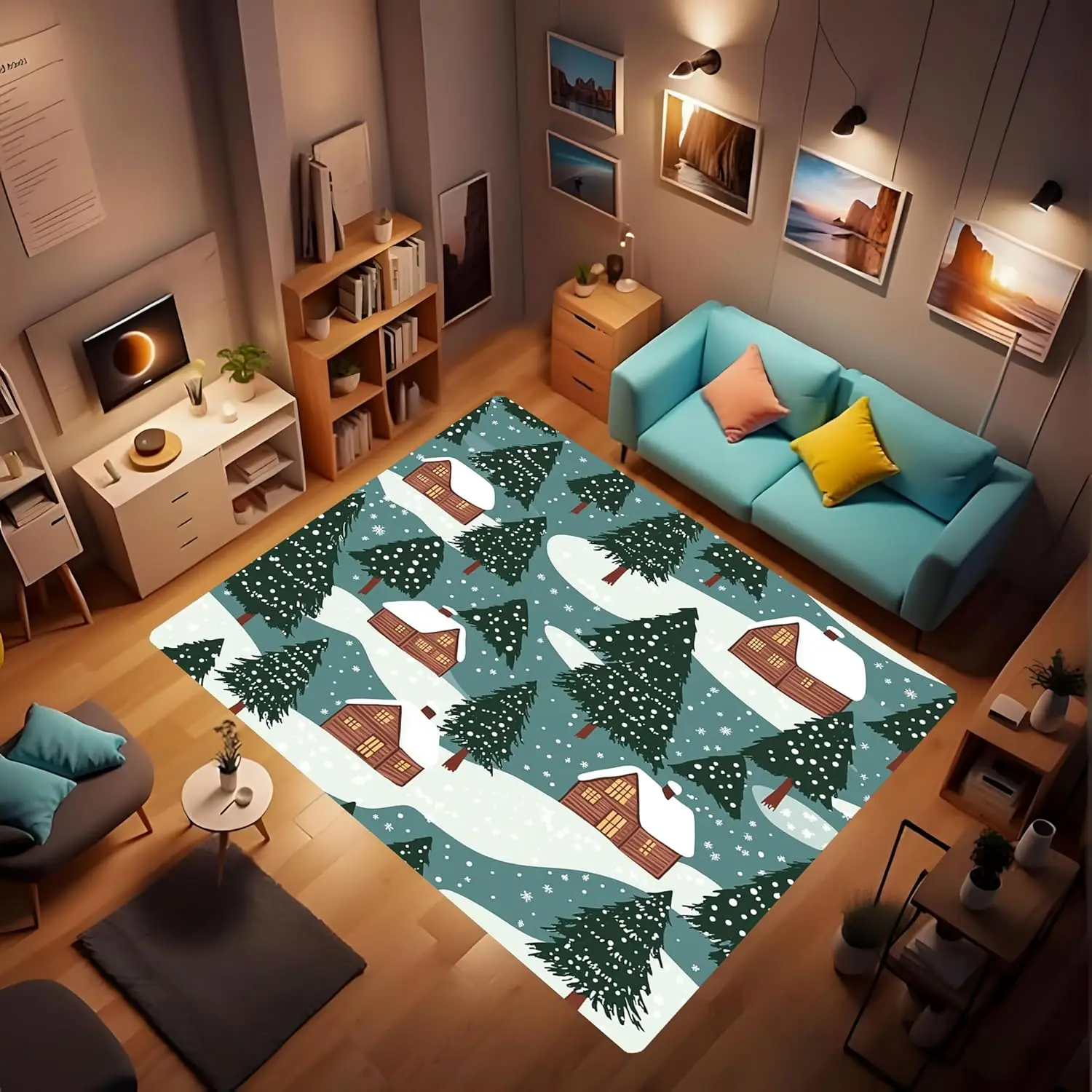 Winter Decor Farmhouse Kitchen Rug, Country Farmhouse Pine Snow Scene Winter Plush Comfort Non-Slip Machine Washable Floor Mat