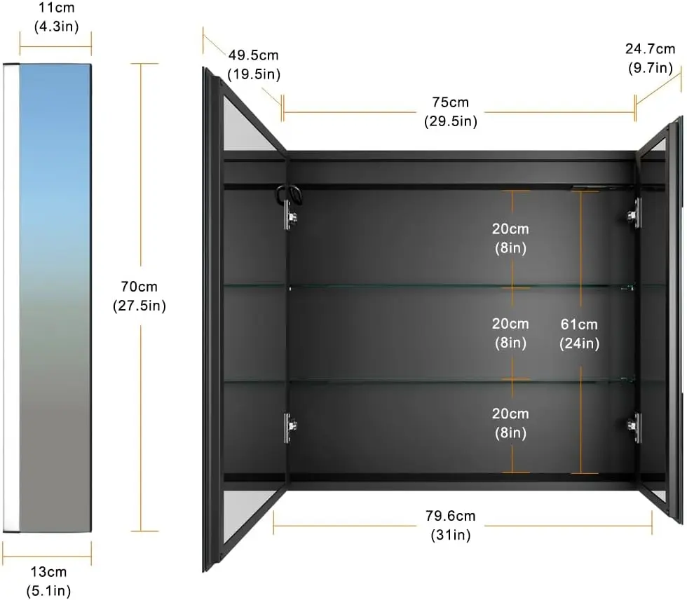 Kabinet cermin LED kamar mandi dengan soket & USB, Defogger, Dimmable, 3 warna cahaya cermin rias, mudah dipasang, dipasang di dinding M