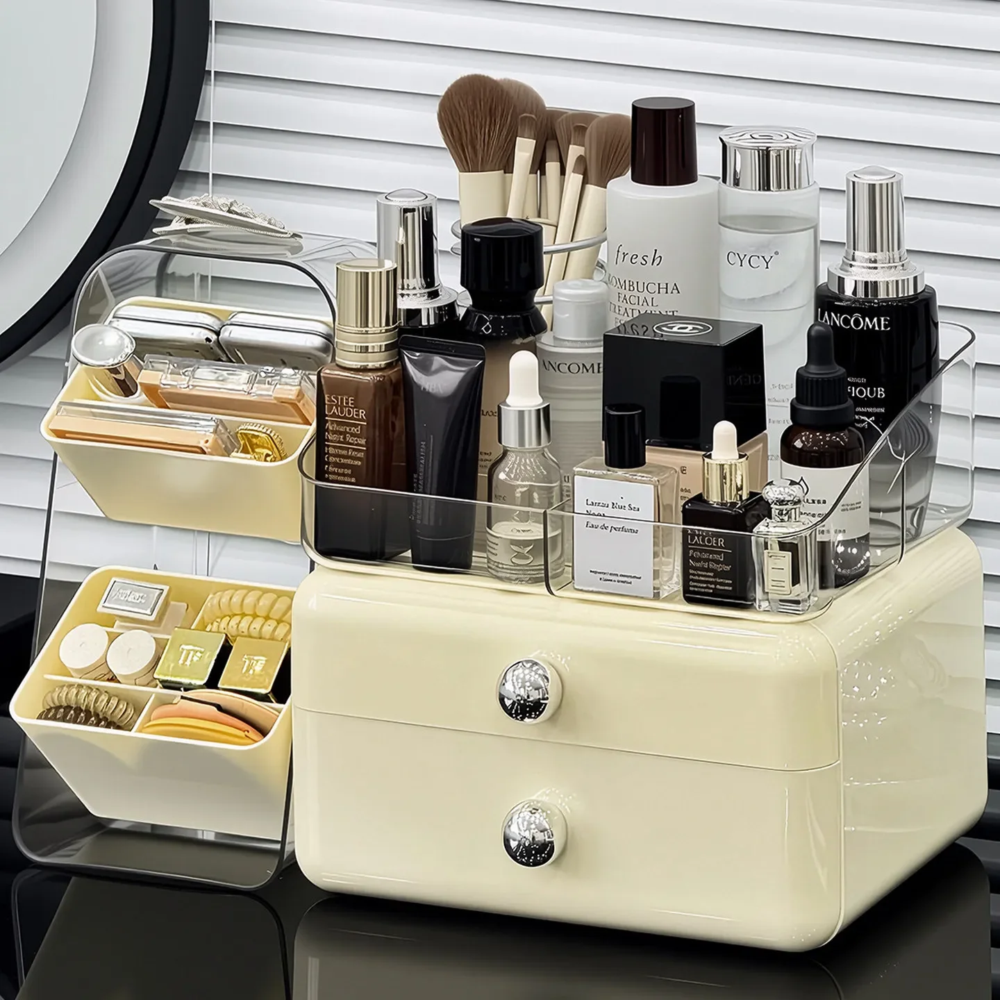 Large Makeup Organizer with Drawers Plastic Cosmetic Storage Box for Vanity Countertop Makeup Brushes Holder Lipstick Container