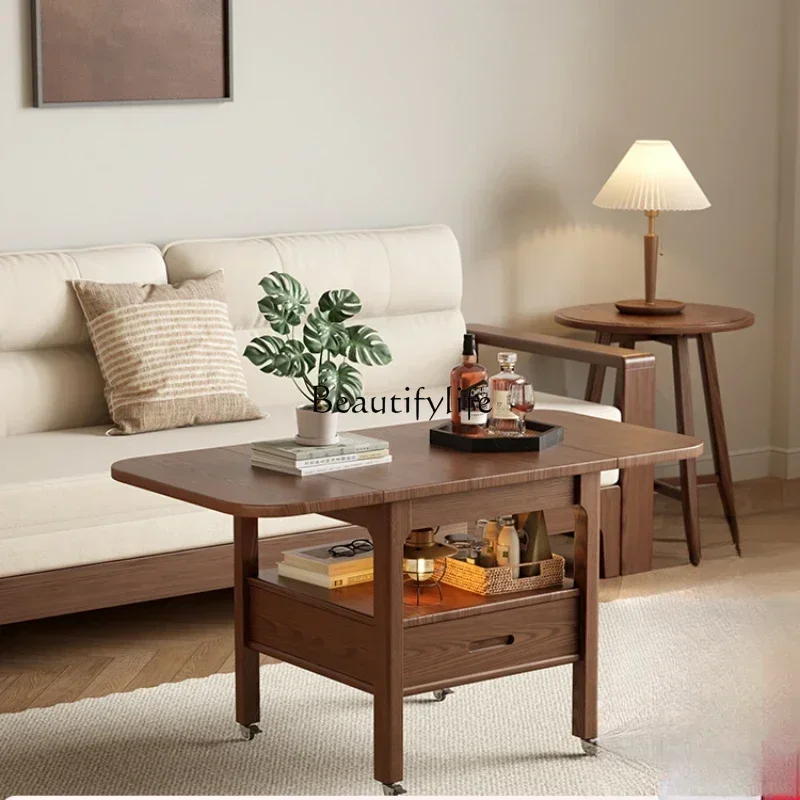 Solid wood movable folding coffee table living room small apartment modern simple sofa side table