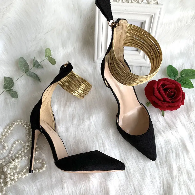 New Celebrity Internet Celebrity Same Style Anti Velvet Hollow Gold Foot Ring Bag with Thin Heel and Sexy High Heel Sandals