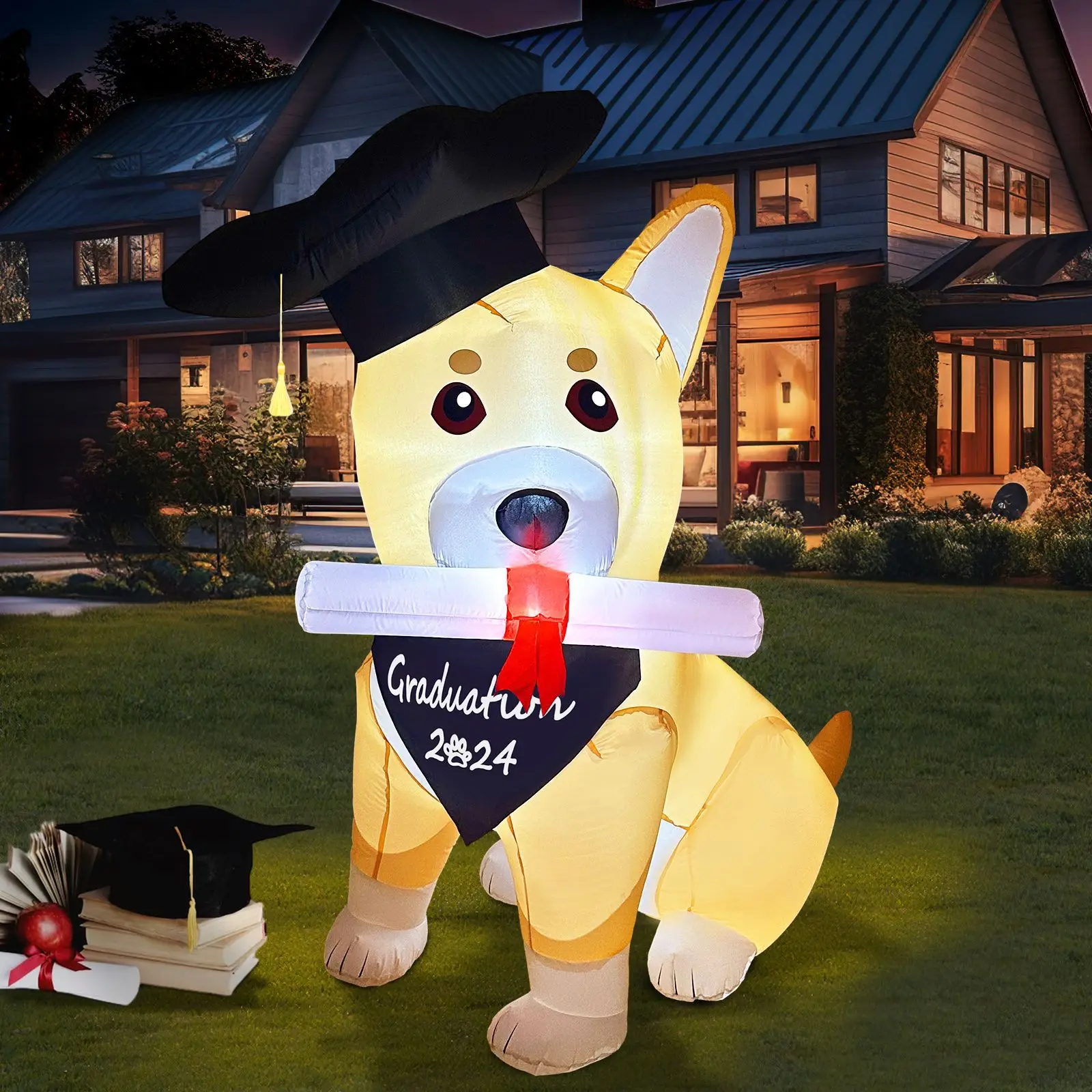 5FT Graduation Decorations Inflatable Dog with Grad Cap Bandana Diploma Graduation Blow Up Inflatable Puppy LED Outdoor Toys