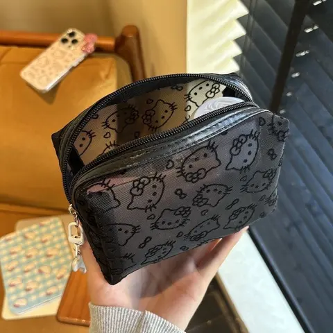 Svart mesh Hello Kitty sminkväska - Söt bärbar sminkväska med stor kapacitet, hållbar arrangör för resor 8 best sales svart Hello Kitty-väska - №2