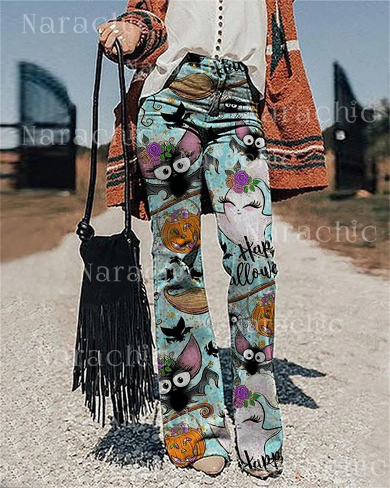 Modne damskie dżinsy z wysokim stanem i rozkloszowanymi nogawkami Lady Bell Bottom Denim Pants High Streetwear Distressed Classic Length Long Trousers