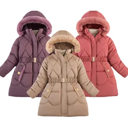 Fashion Teen Girls Jacket Long Solid Color Lining Plush Thick Hooded Windbreaker Coats For 4-12Y Kids Warm Down Cotton Outwear