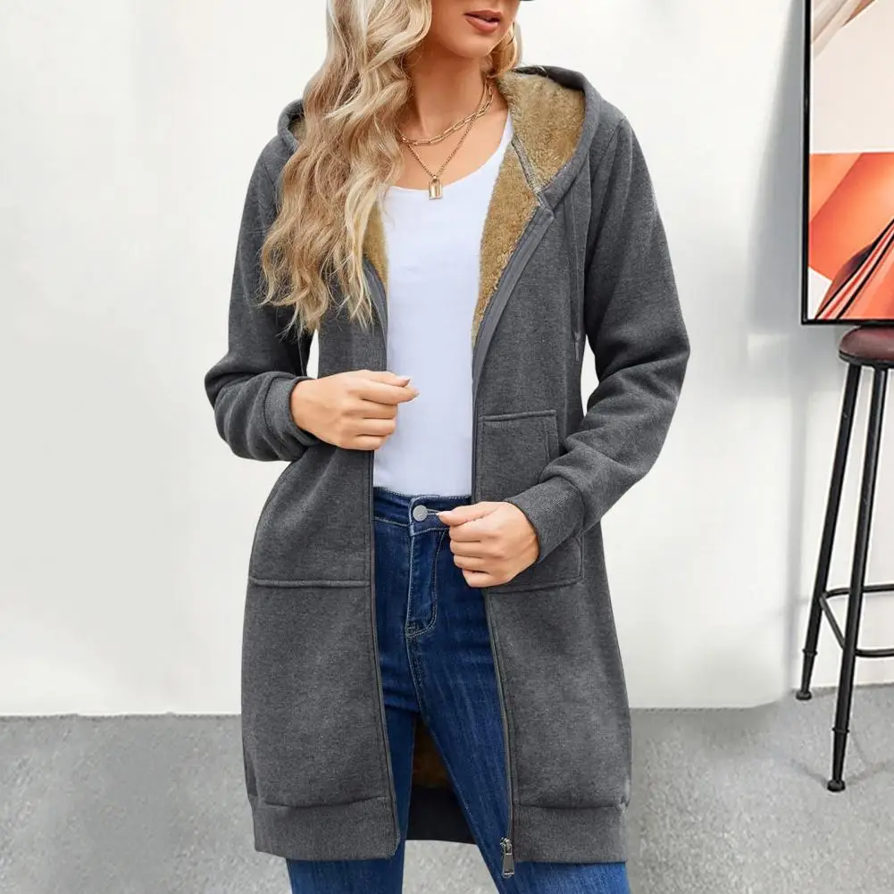 

Women Coat Plush-lined Winter Hoodie Coat with Drawstring Closure for Women Mid Length Outerwear Jacket for Commuting Zip-up