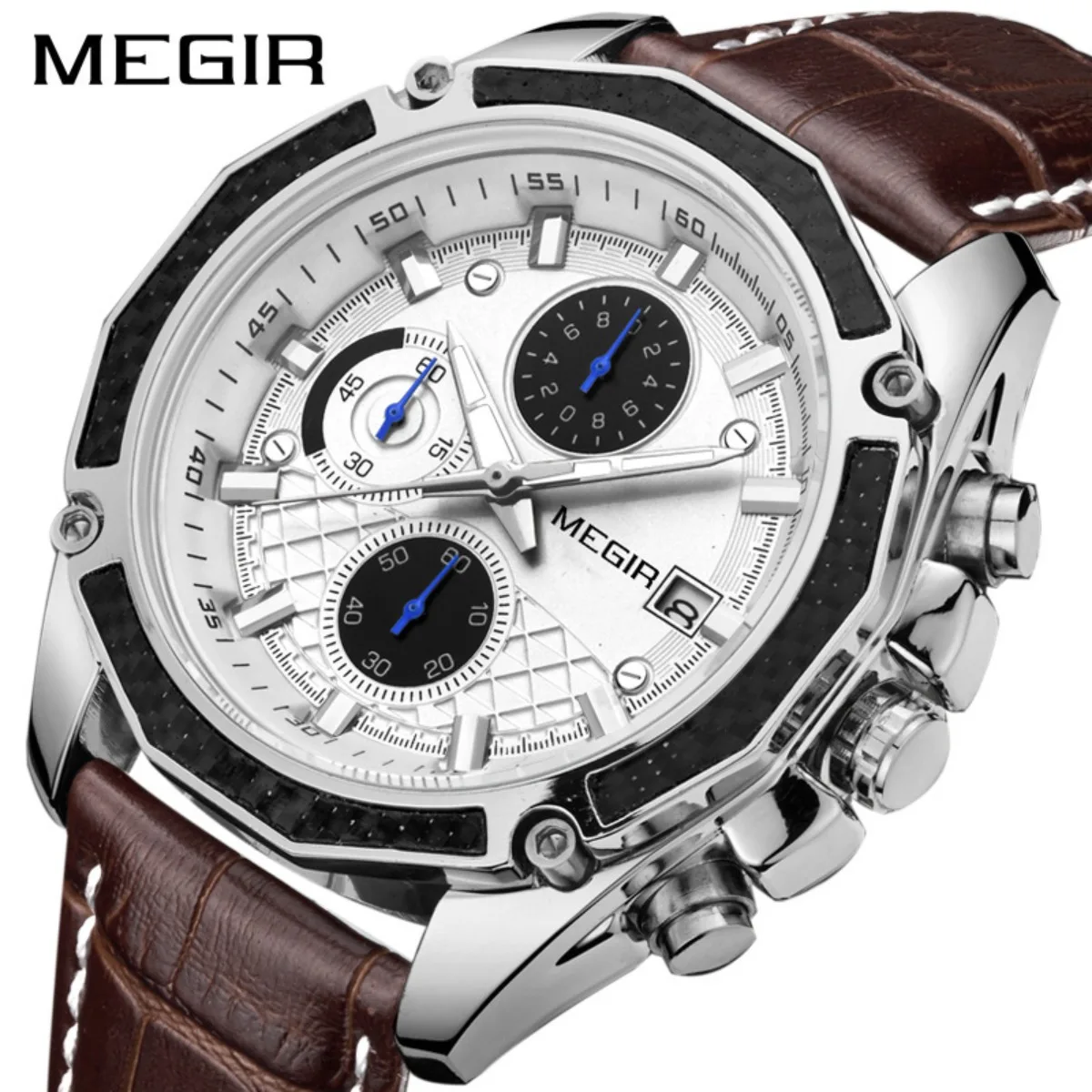 MEGIR Quartz Male Watches Genuine Leather Watches Racing Men Students Game Run Chronograph Watch Male Glow Hands for Man 2015G