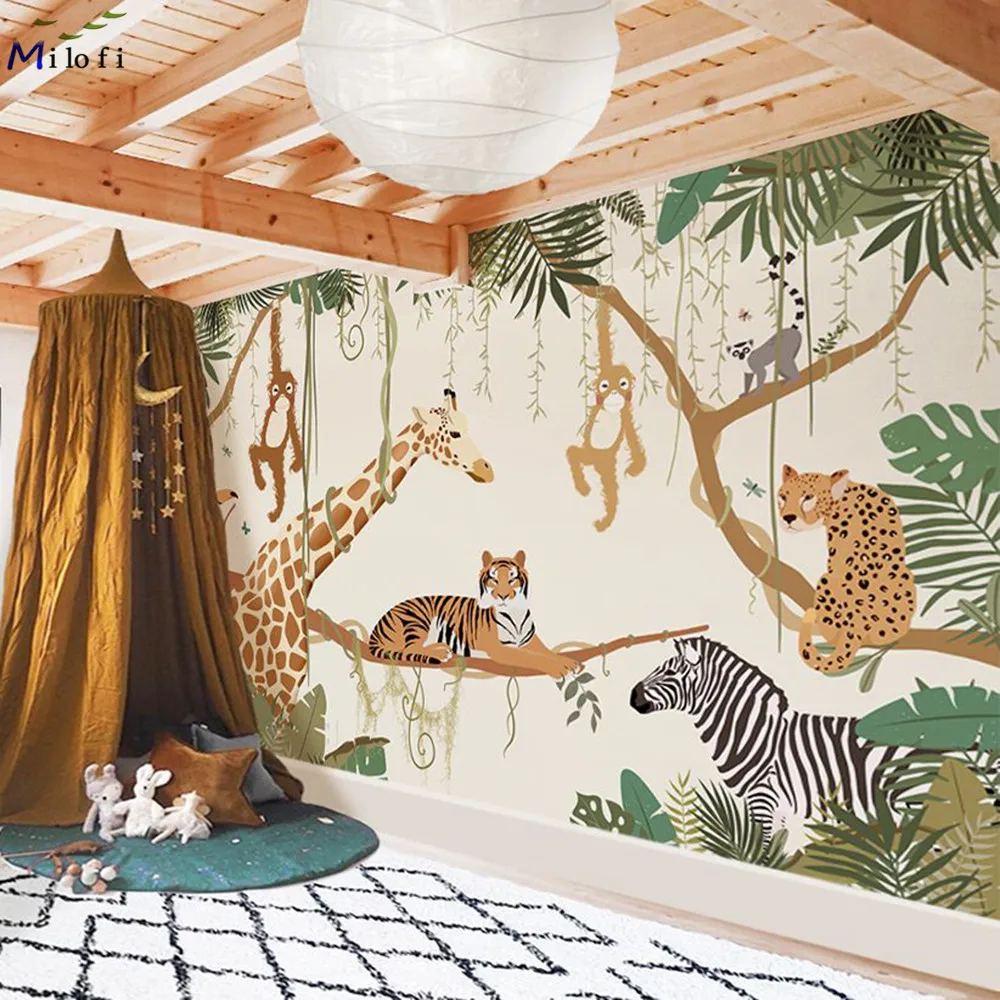 Milofi Custom 3D European and American Wallpaper Living Room Bedroom Non-woven Fabric Mural Tropical Rainforest Animals