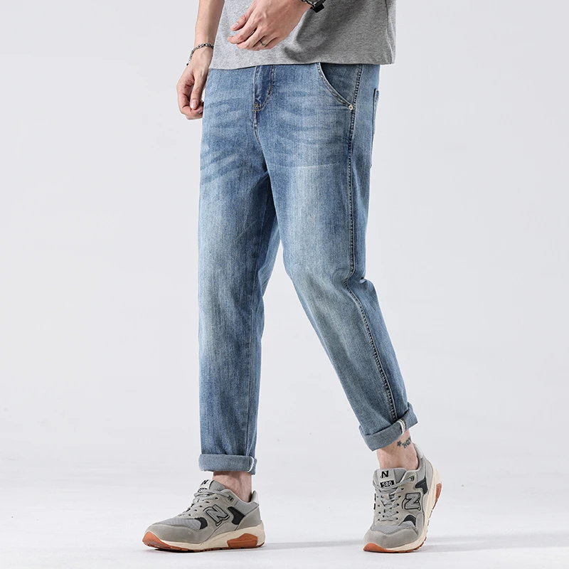 

Summer Thin Straight Leg Jeans Men's Casual Harajuku Style Simple American Loose Fit Jeans mid Waist Long Pants Cotton Polyes...