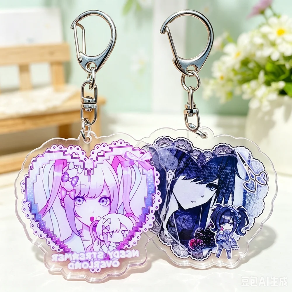 2pcs/set Game NEEDY GIRL OVERDOSE Rain Ame KAnge Cosplay Keychain Acrylic Heart Pendant Keyring Bag Accessories Girls Ornament