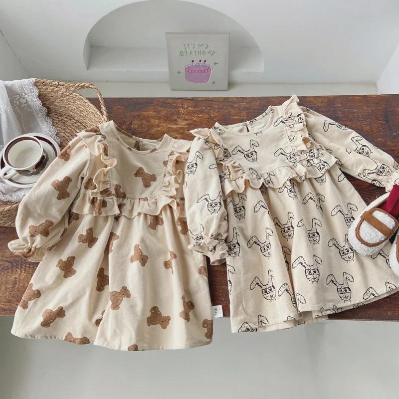 

Children's Wear Bear Print Long Sleeve Girl Dress2024Autumn Sweet Lotus Leaf round Neck Children's Skirt Trendy