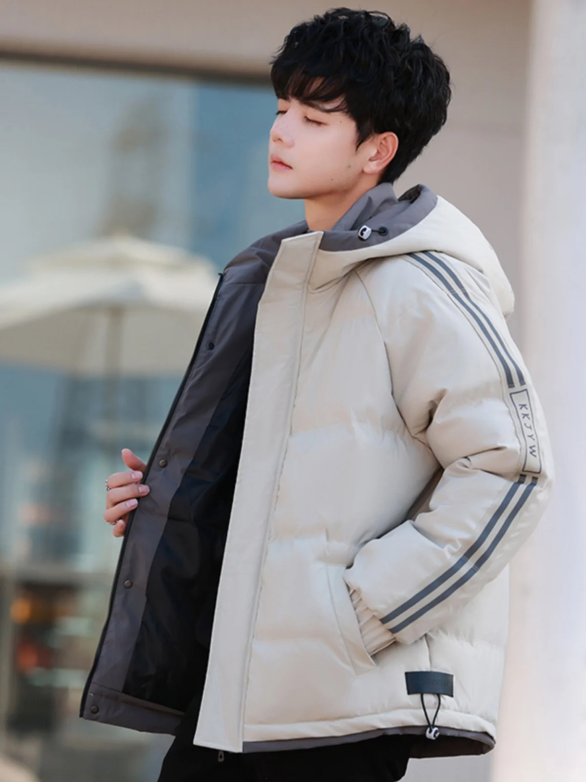 

Men's Faionable Thiened Casual Cotton Jaet Winter Warm Bread Sle Coat Loose Fit Urban Sle Polyester Filling Hooded