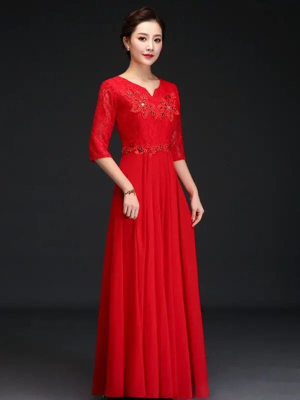 

Красное женское длинное платье Ele Red Chorus для выступлений, костюм для взрослых, платье для певиц/ведущих, хлопок/нейлон, V-образный вырез, миди...